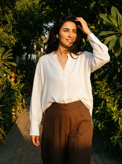 V NECK WHITE RAYON-LINEN SHIRT