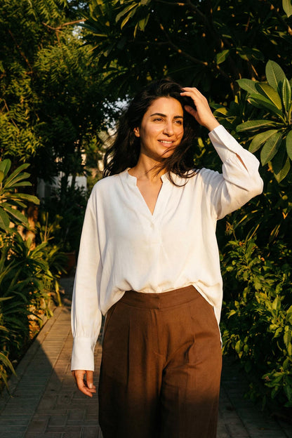 V NECK WHITE RAYON-LINEN SHIRT