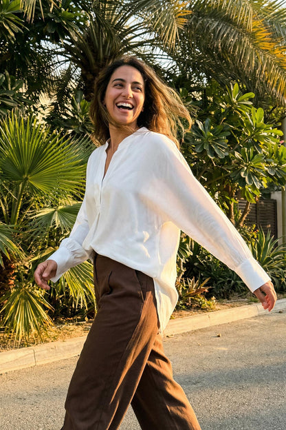 V NECK WHITE RAYON-LINEN SHIRT