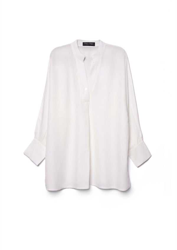 V NECK WHITE RAYON-LINEN SHIRT