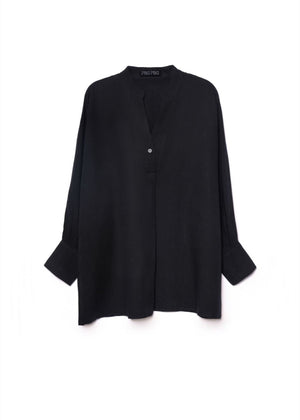 V NECK BLACK RAYON-LINEN SHIRT