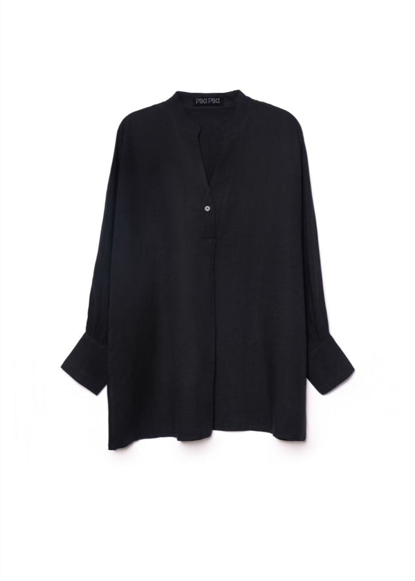 V NECK BLACK RAYON-LINEN SHIRT