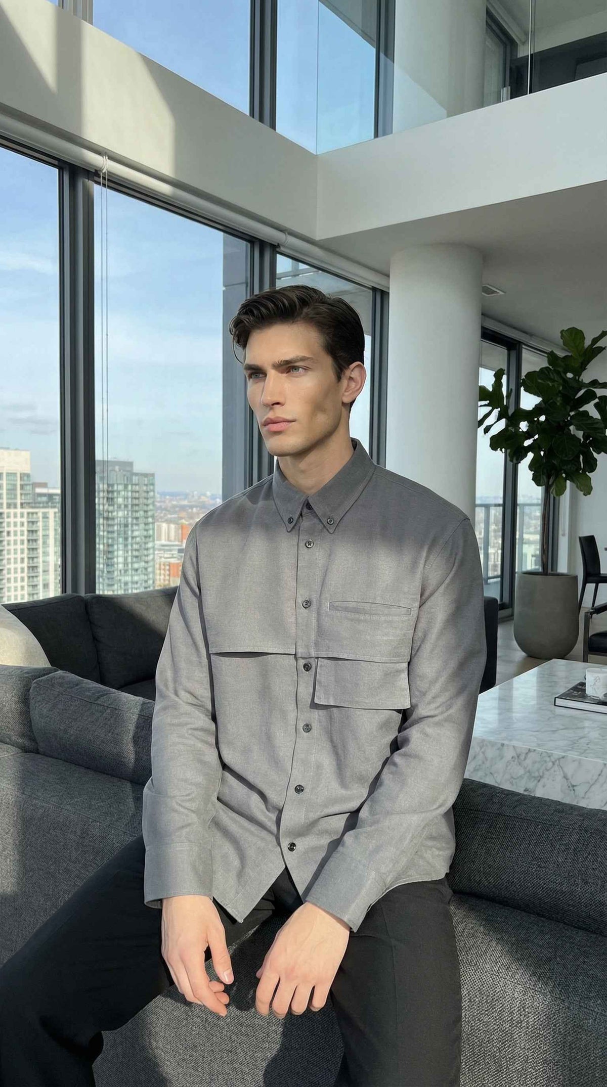 Relaxed Gray Line Pocket Shirt