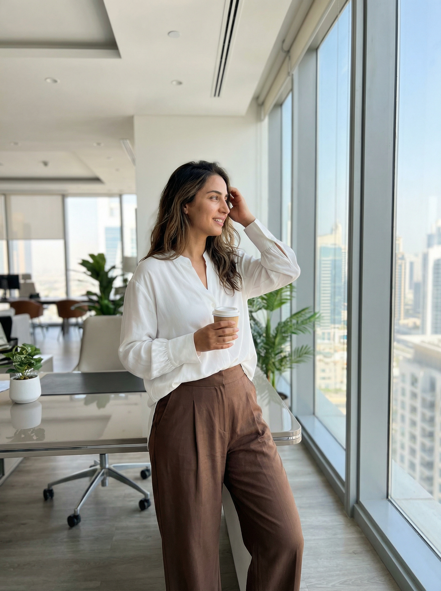 Rayon Linen Shirt & Tencel cotton trousers White Brown
