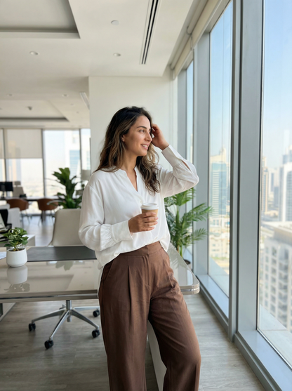 Rayon Linen Shirt & Tencel cotton trousers White Brown