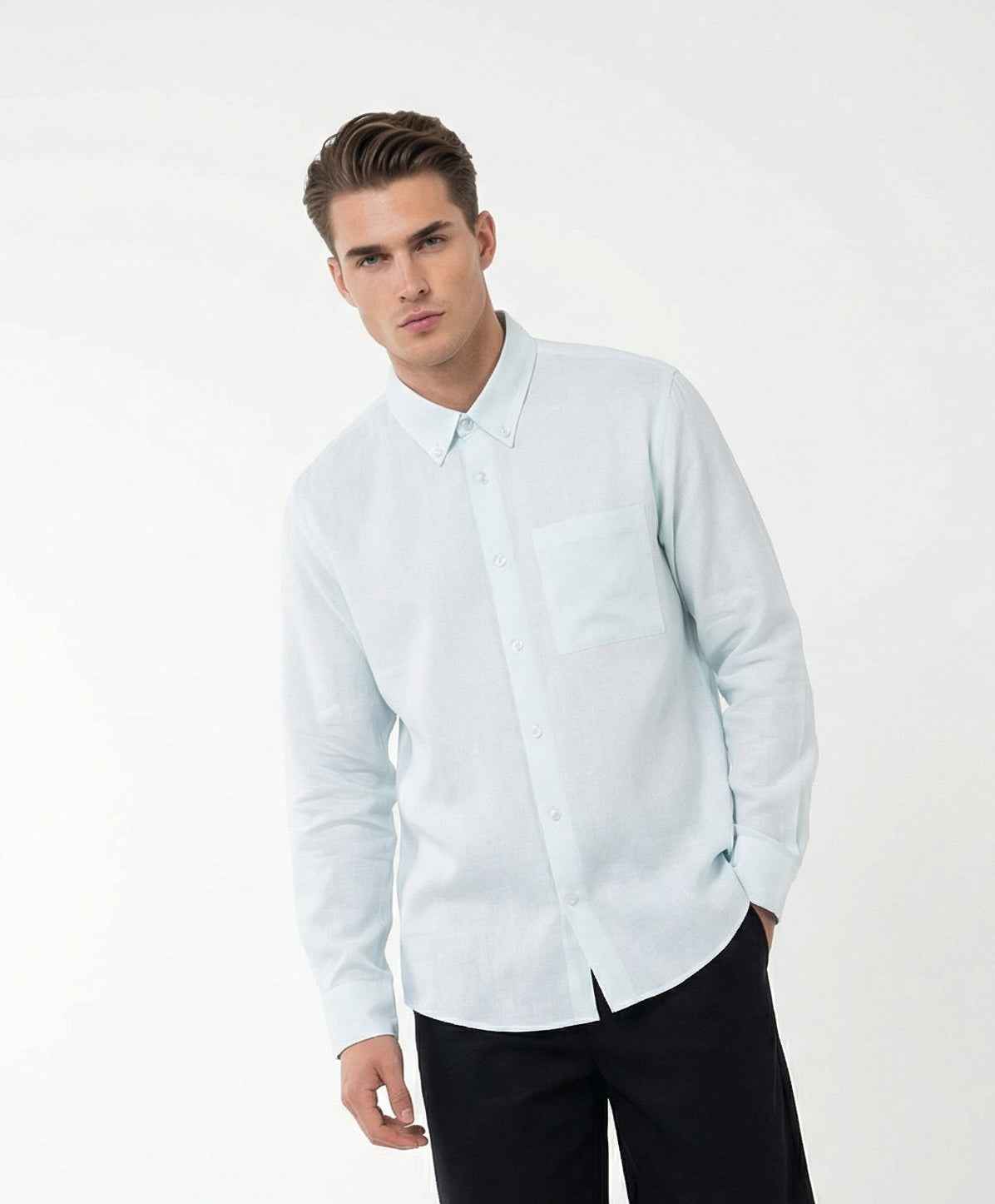 Men Light Blue & Black Set - pure linen Shirt & tencel cotton Trousers 