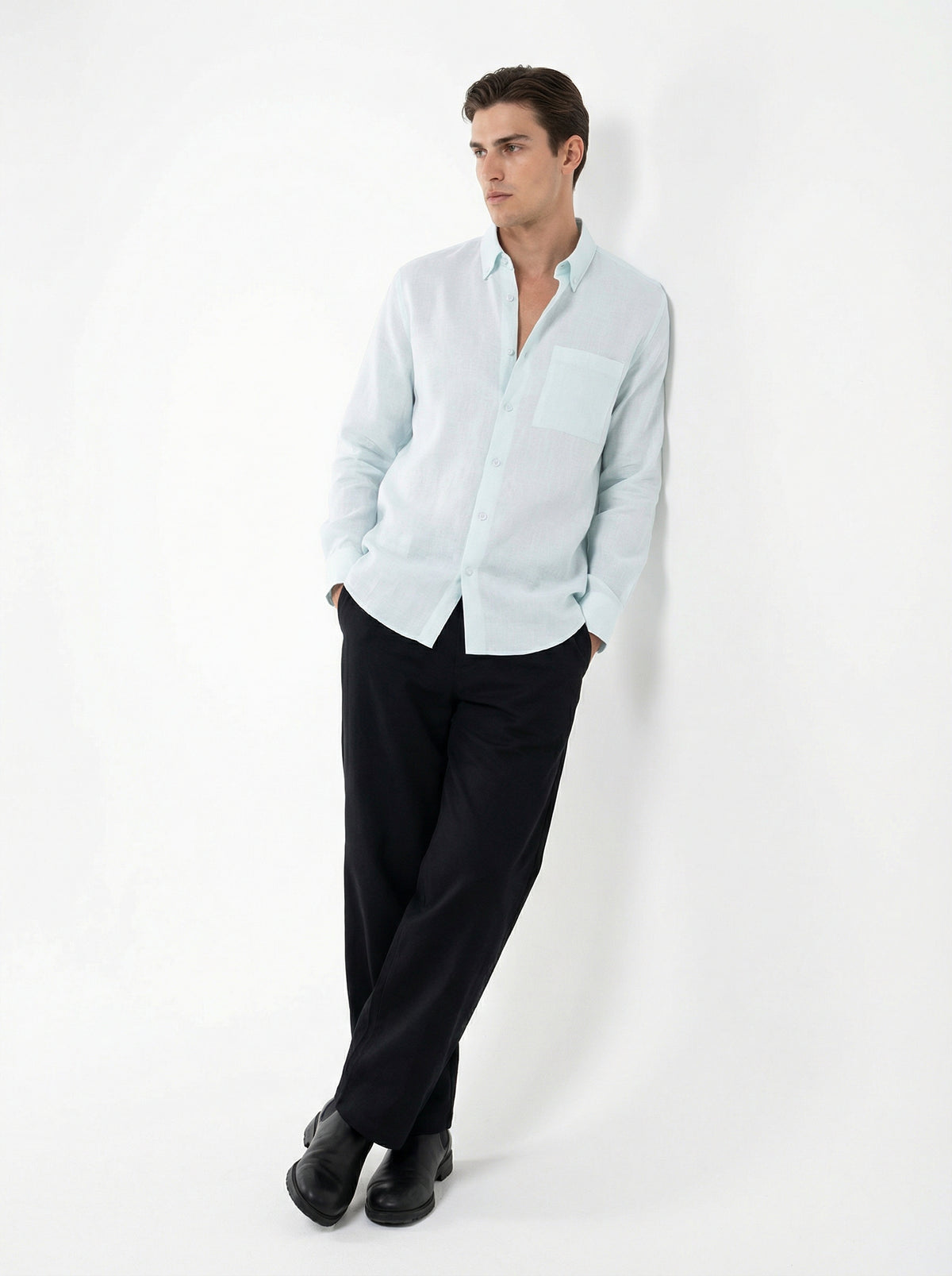 Men Light Blue & Black Set - pure linen Shirt & tencel cotton Trousers 