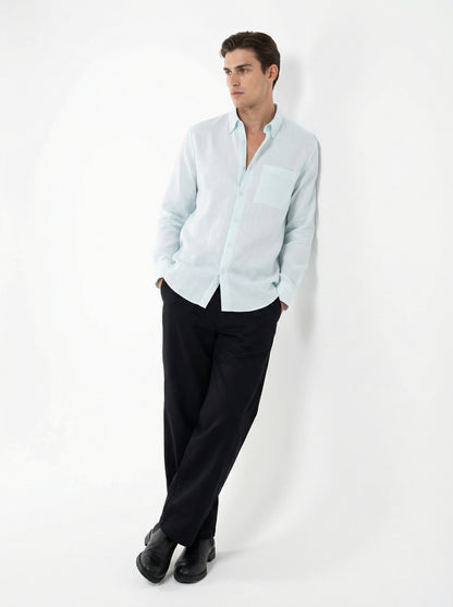 Men Light Blue & Black Set - pure linen Shirt & tencel cotton Trousers 
