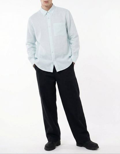 Men Light Blue & Black Set - pure linen Shirt & tencel cotton Trousers 