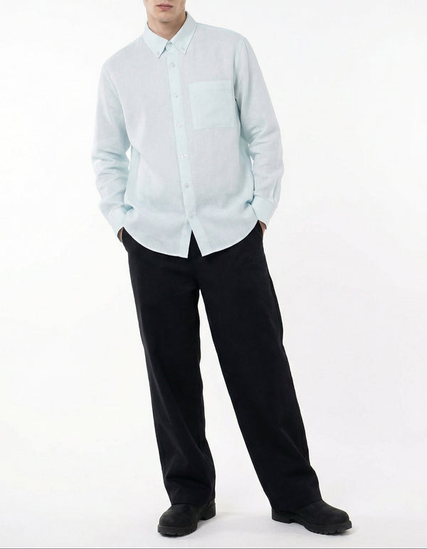 Men Light Blue & Black Set - pure linen Shirt & tencel cotton Trousers 
