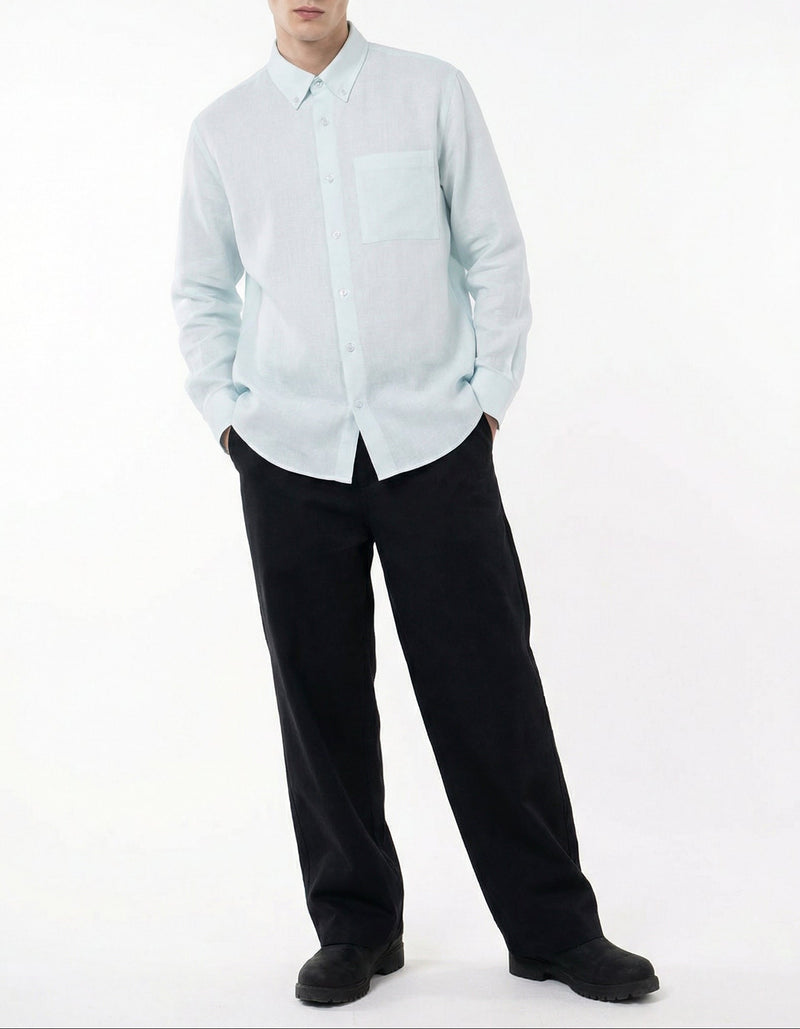 Men Light Blue & Black Set - pure linen Shirt & tencel cotton Trousers 