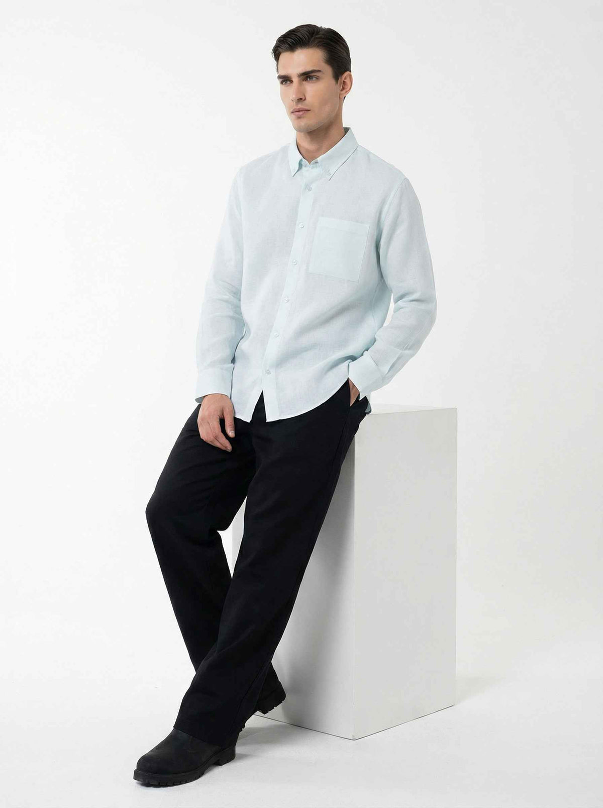 Men Light Blue & Black Set - pure linen Shirt & tencel cotton Trousers 