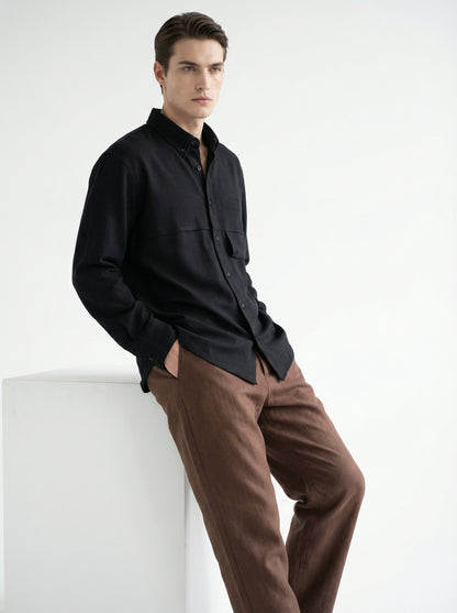 Men Black & Black Set - pure linen Shirt & tencel cotton Trousers 