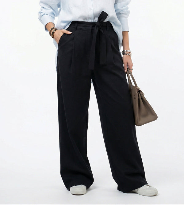 Women Light Blue & Black Set - pure linen Shirt & tencel cotton Trousers 
