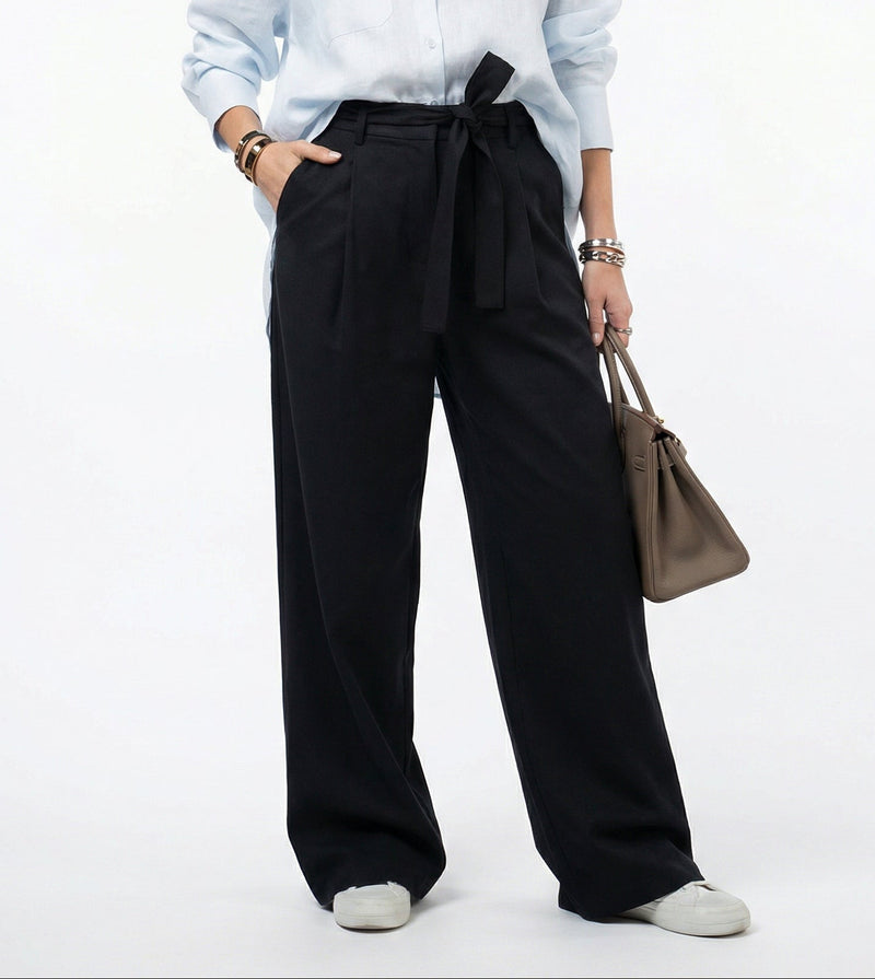 Women Light Blue & Black Set - pure linen Shirt & tencel cotton Trousers 