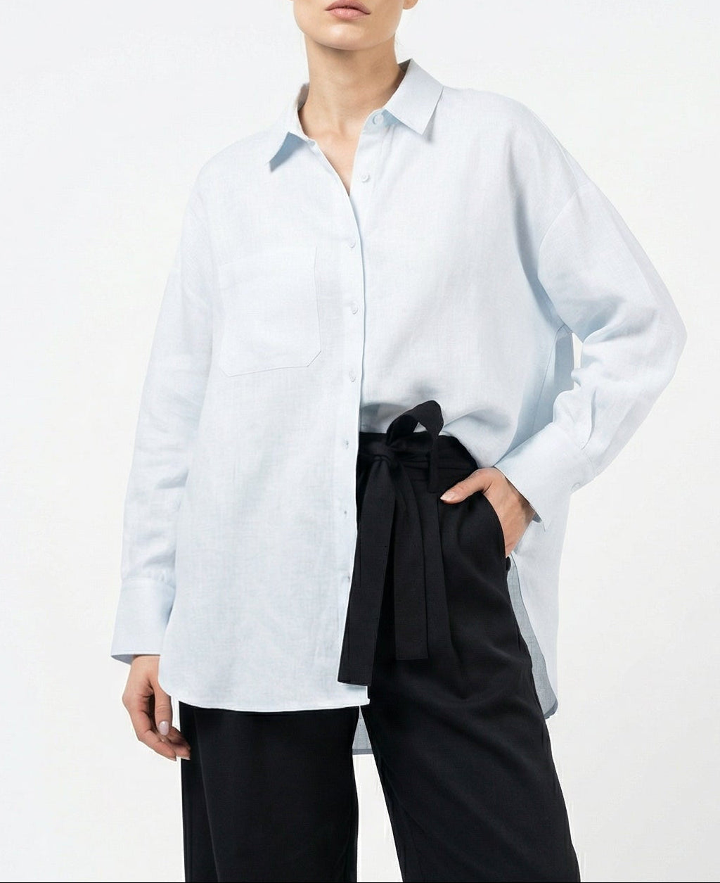 Women Light Blue & Black Set - pure linen Shirt & tencel cotton Trousers 