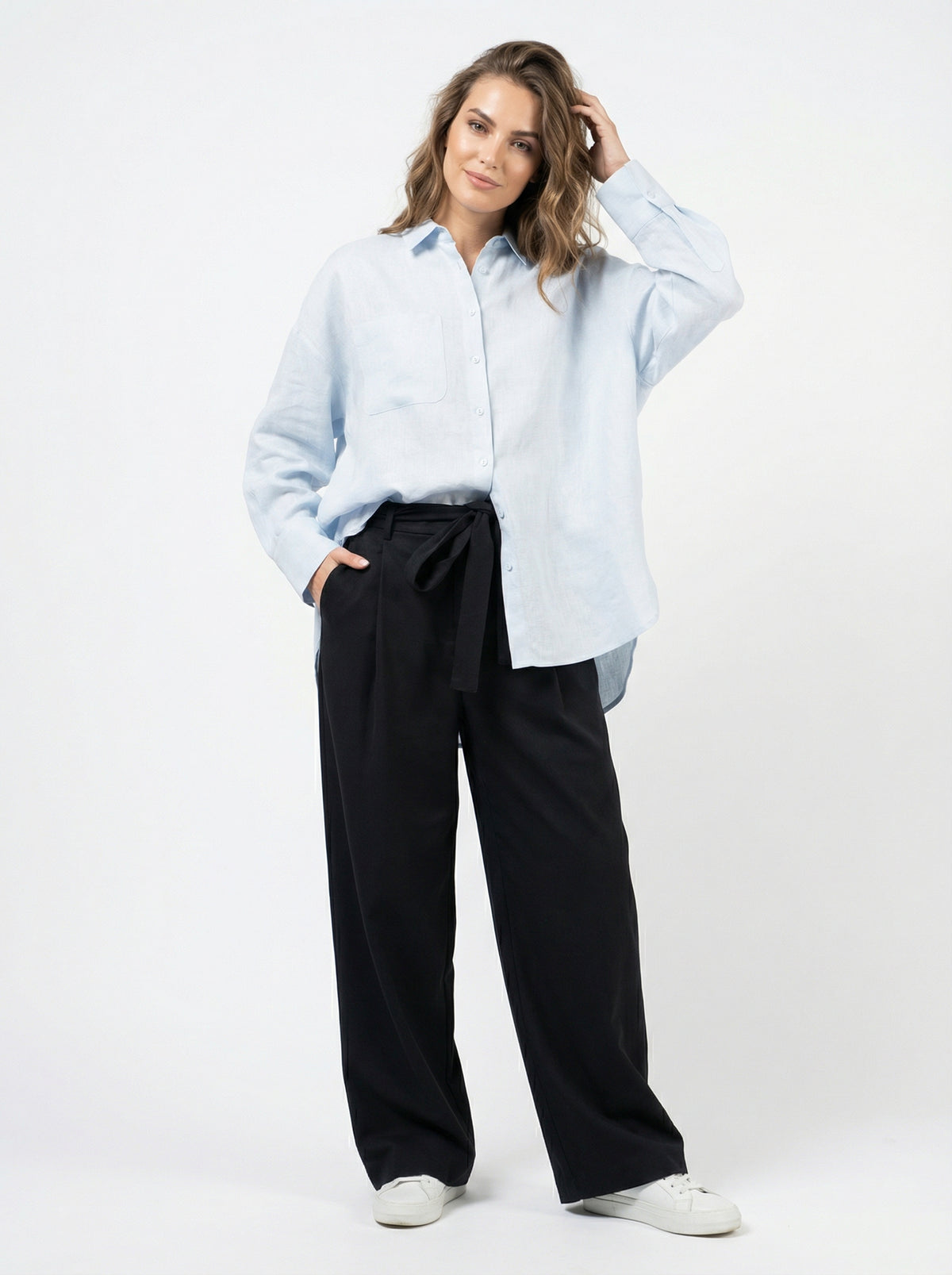 Women Light Blue & Black Set - pure linen Shirt & tencel cotton Trousers 