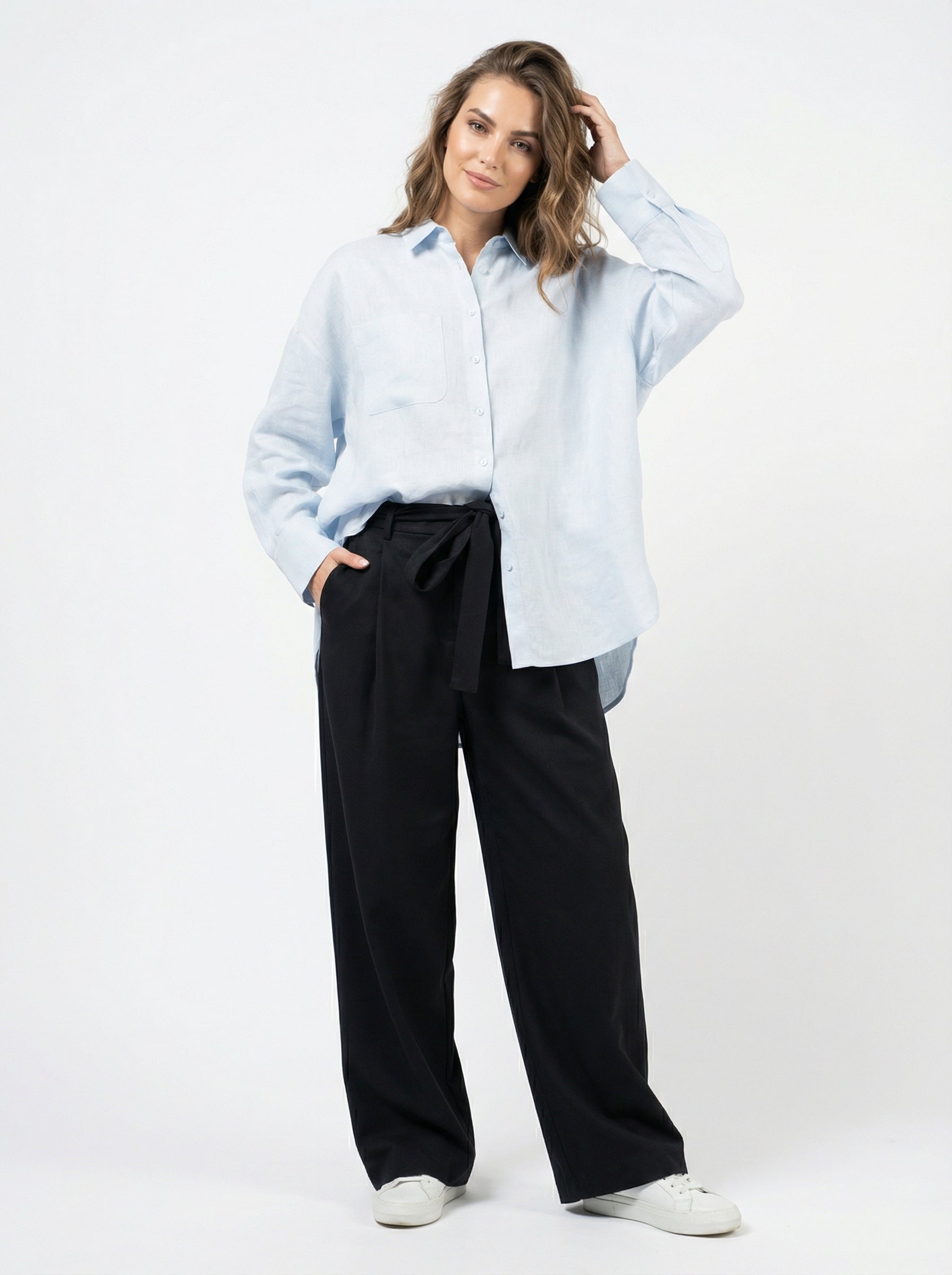Women Light Blue & Black Set - pure linen Shirt & tencel cotton Trousers 