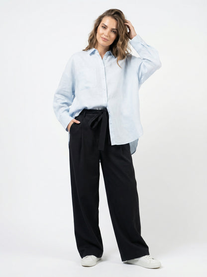 Women Light Blue & Black Set - pure linen Shirt & tencel cotton Trousers 