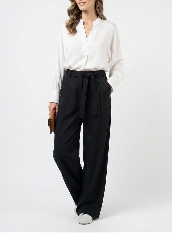 Women White & Black Set - rayon linen Shirt & tencel cotton Trousers 