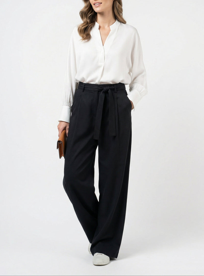 Women White & Black Set - rayon linen Shirt & tencel cotton Trousers 