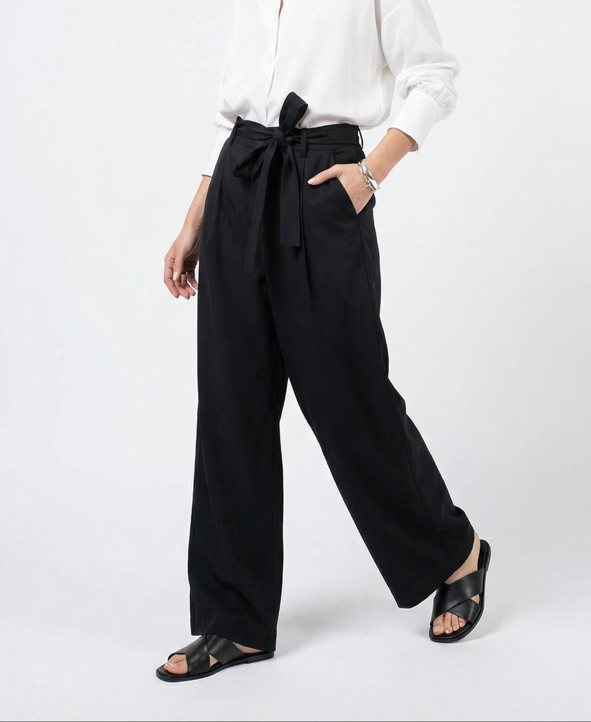 Women White & Black Set - rayon linen Shirt & tencel cotton Trousers 