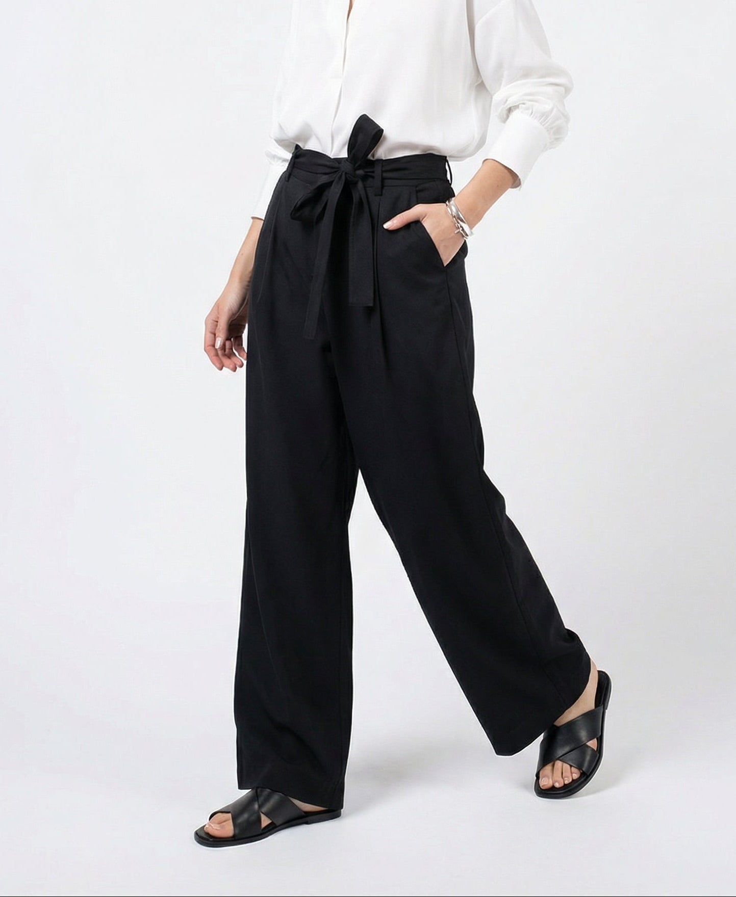 Women White & Black Set - rayon linen Shirt & tencel cotton Trousers 