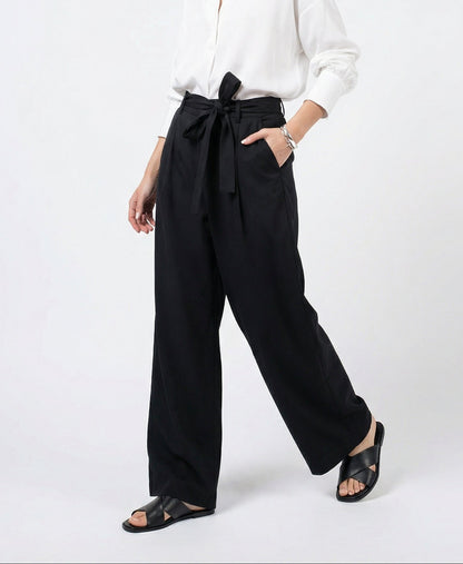 Women White & Black Set - rayon linen Shirt & tencel cotton Trousers 