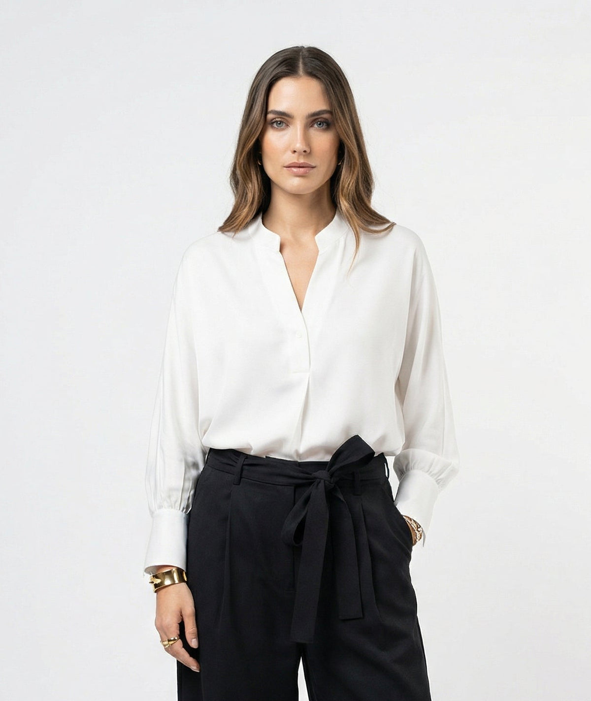 Women White & Black Set - rayon linen Shirt & tencel cotton Trousers 
