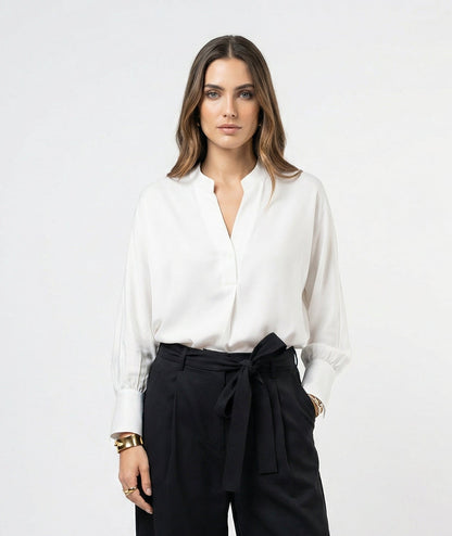 Women White & Black Set - rayon linen Shirt & tencel cotton Trousers 