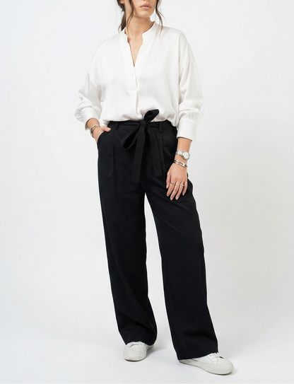 Women White & Black Set - rayon linen Shirt & tencel cotton Trousers 