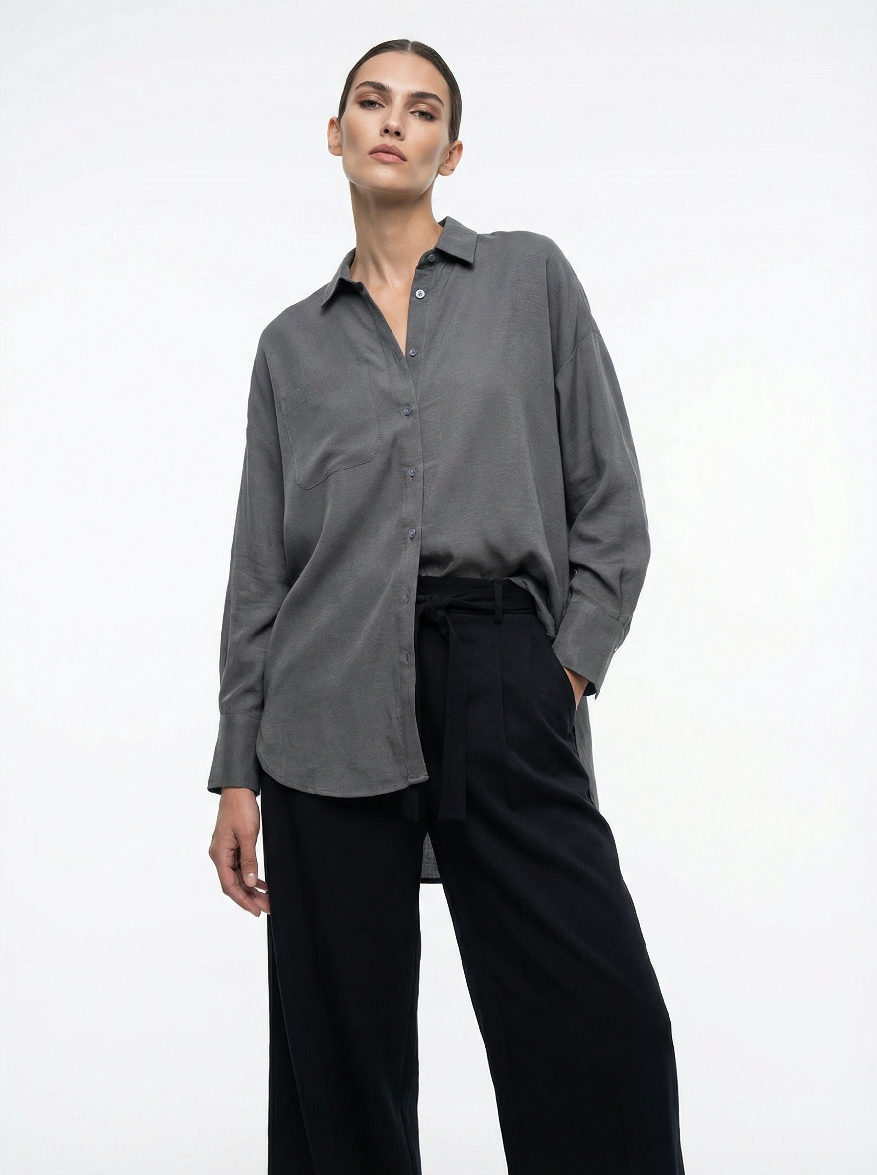 Women Gray & Black Set - Cupro rayon linen Shirt & tencel cotton Trousers 