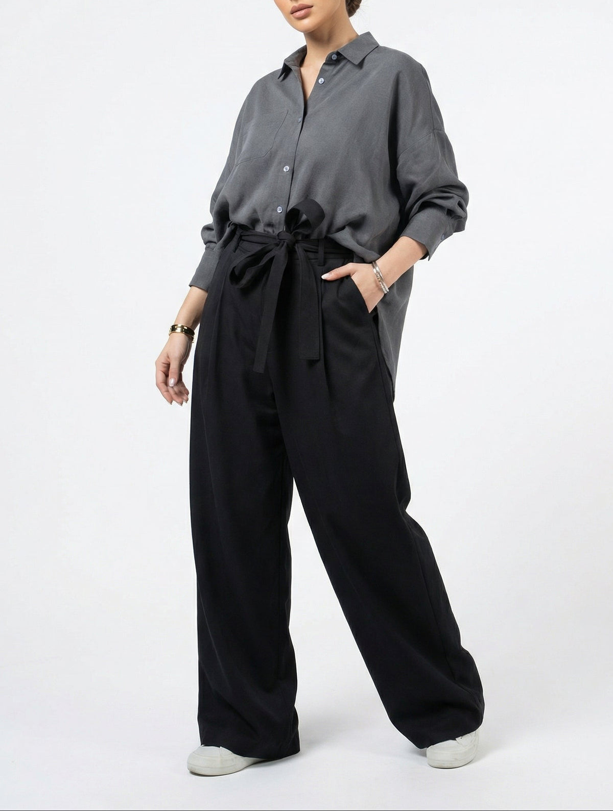 Women Gray & Black Set - Cupro rayon linen Shirt & tencel cotton Trousers 