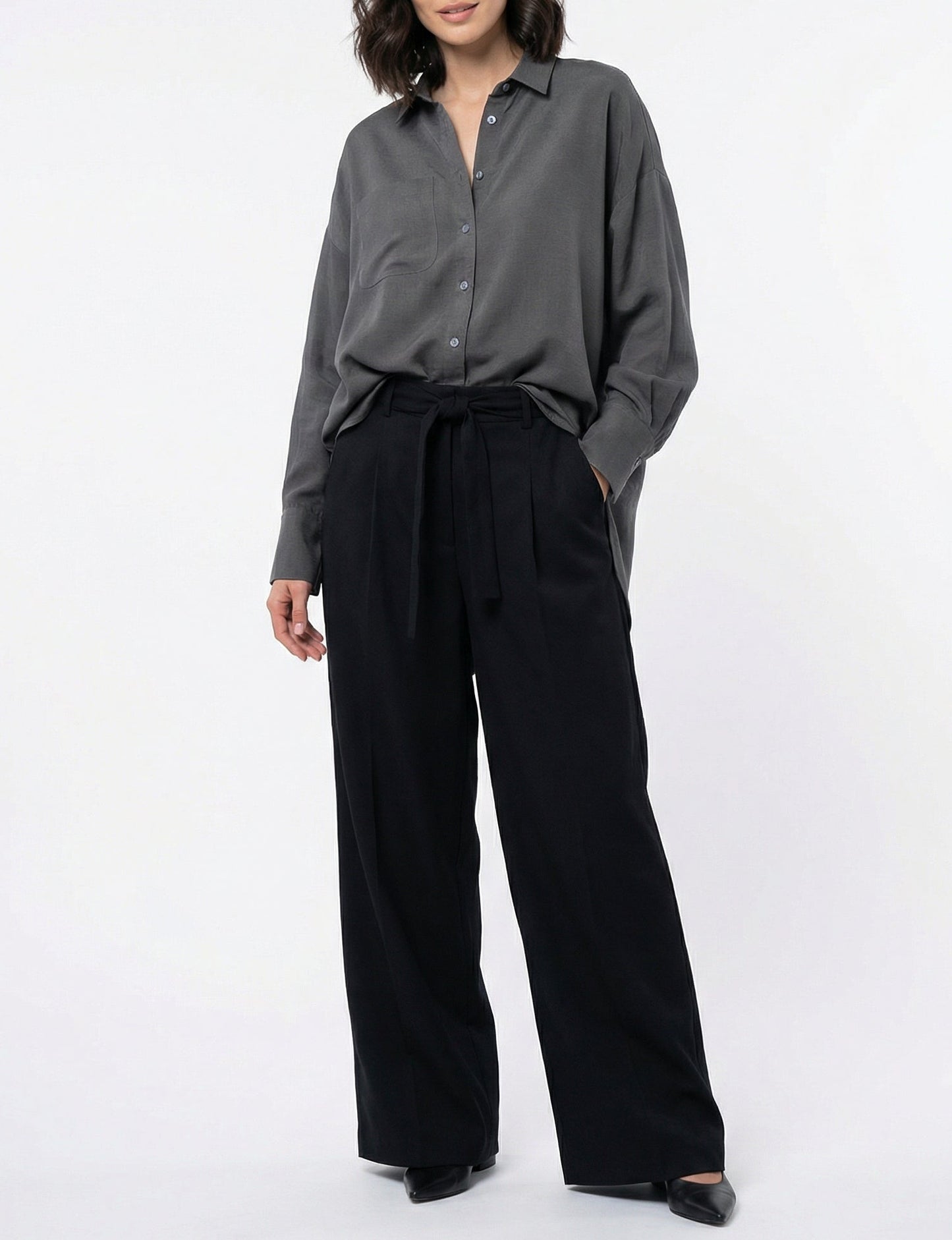 Women Gray & Black Set - Cupro rayon linen Shirt & tencel cotton Trousers 