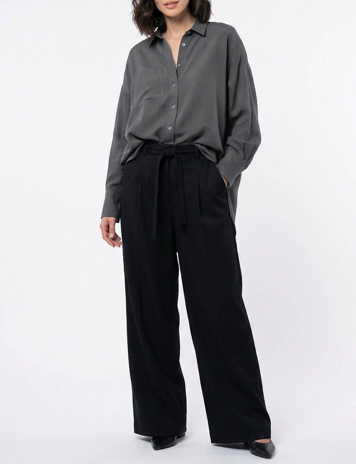 Women Gray & Black Set - Cupro rayon linen Shirt & tencel cotton Trousers 