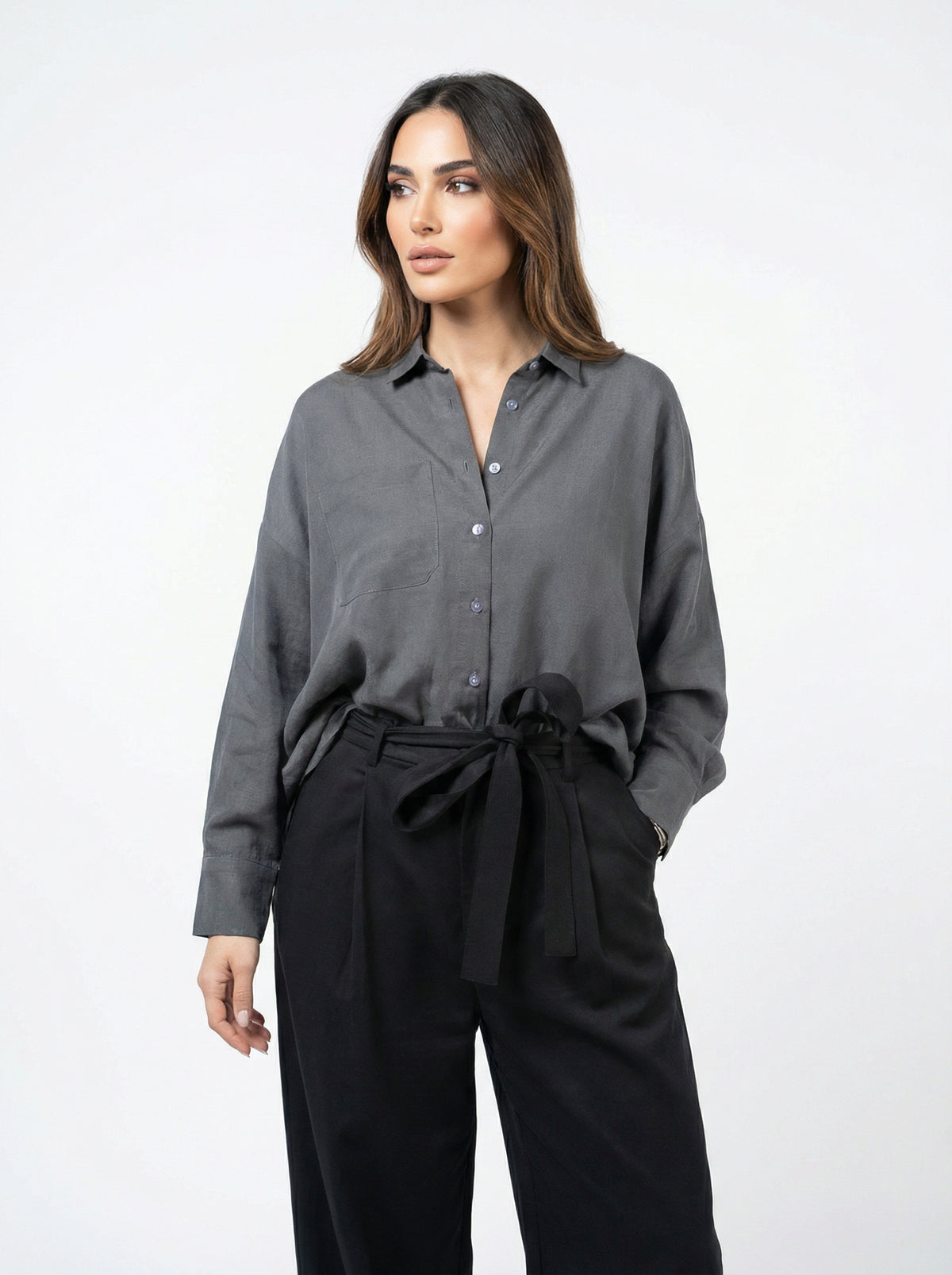 Women Gray & Black Set - Cupro rayon linen Shirt & tencel cotton Trousers 