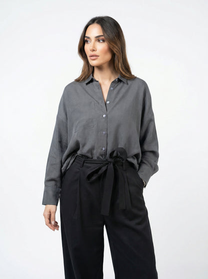 Women Gray & Black Set - Cupro rayon linen Shirt & tencel cotton Trousers 