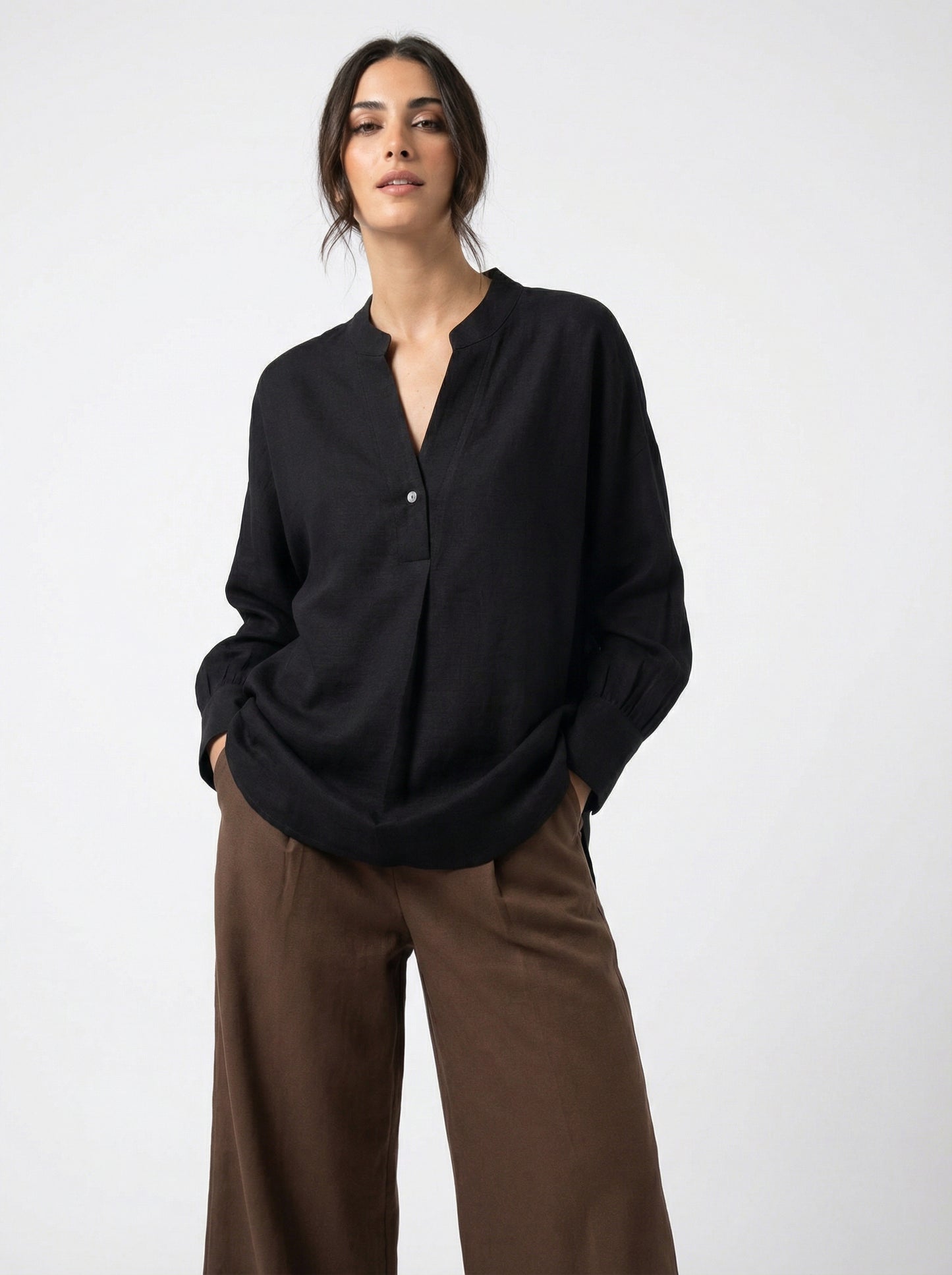 V NECK BLACK RAYON-LINEN SHIRT