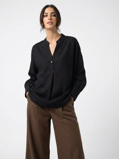V NECK BLACK RAYON-LINEN SHIRT