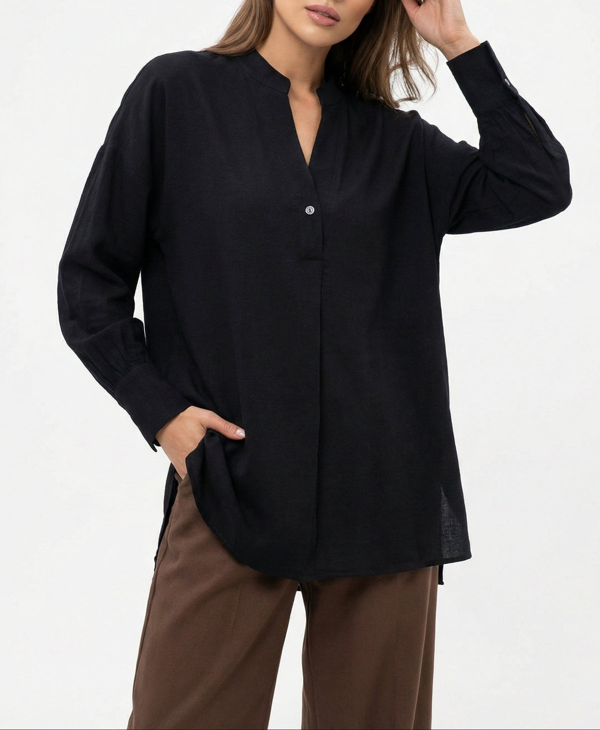Women Black & Brown Set - rayon linen Shirt & tencel cotton Trousers 