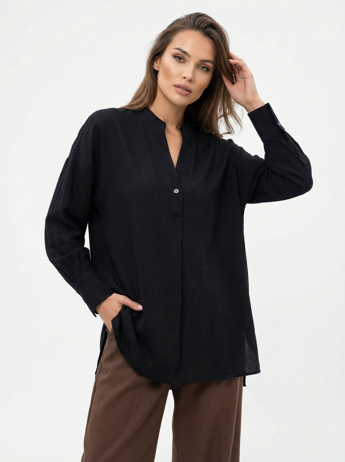 V NECK BLACK RAYON-LINEN SHIRT