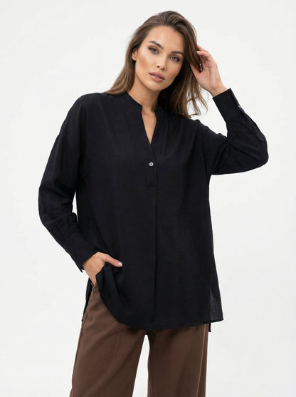 V NECK BLACK RAYON-LINEN SHIRT