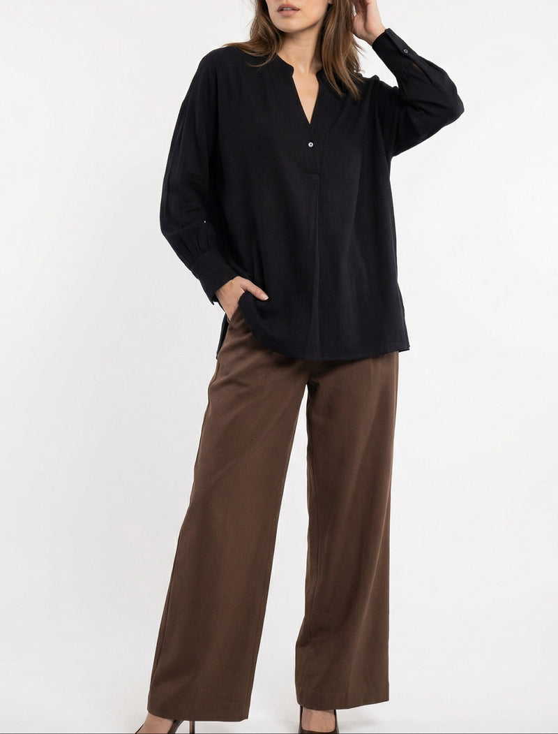 Women Black & Brown Set - rayon linen Shirt & tencel cotton Trousers 