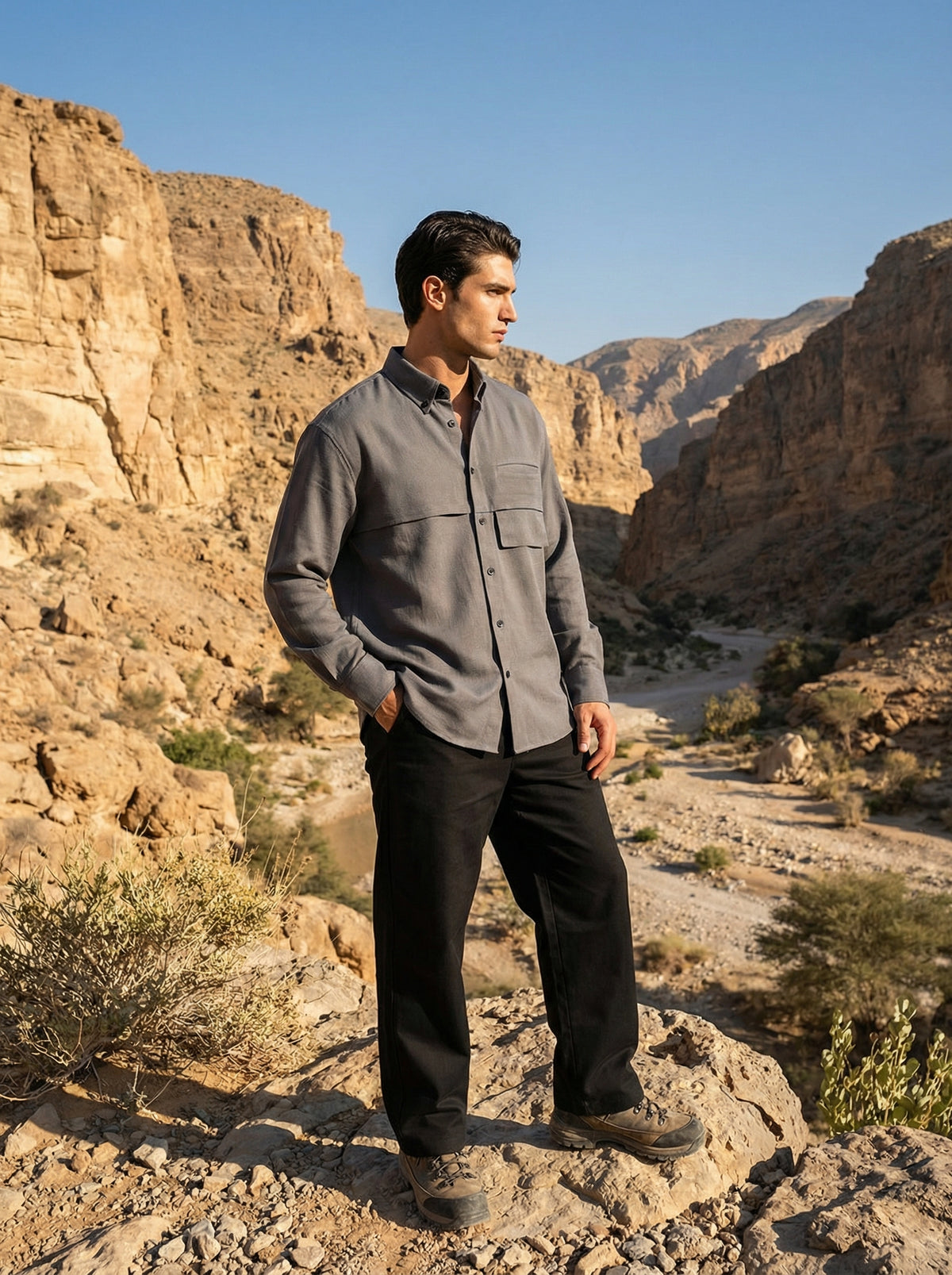 Men Gray Black Set - Shirt & Trousers