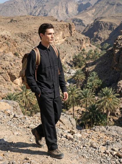 Camping Black Rayon Linen Shirt & Black Tencel Cotton Trousers