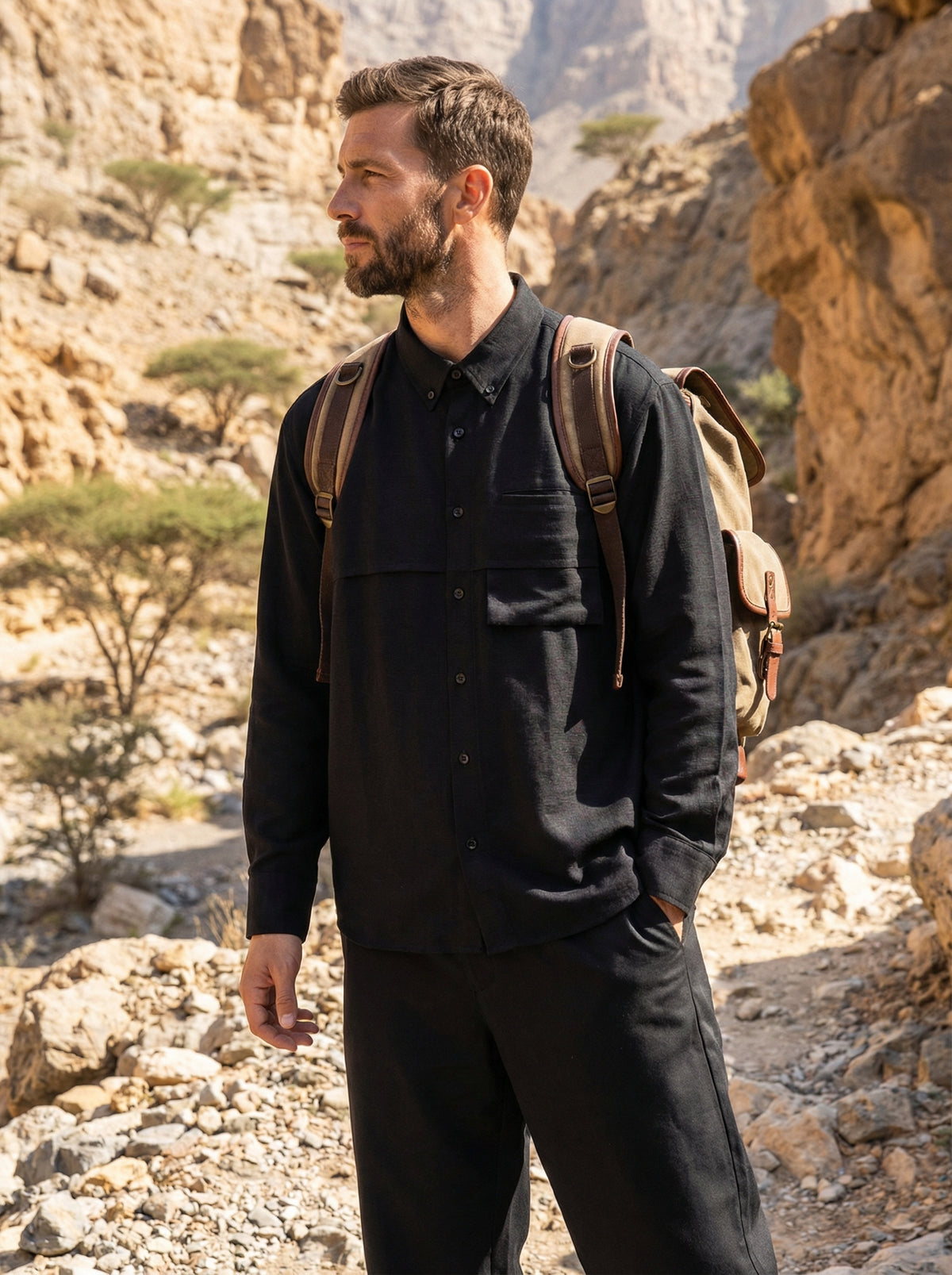 Camping Black Rayon Linen Shirt & Black Tencel Cotton Trousers