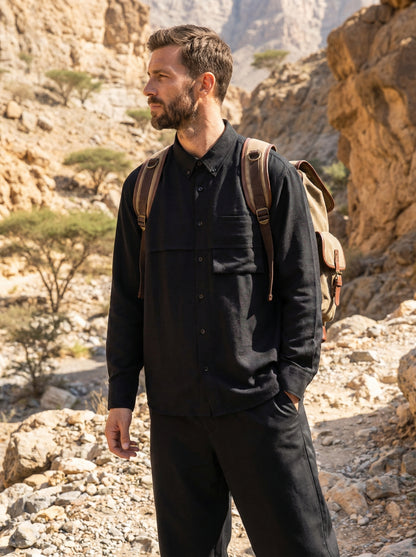 Camping Black Rayon Linen Shirt & Black Tencel Cotton Trousers
