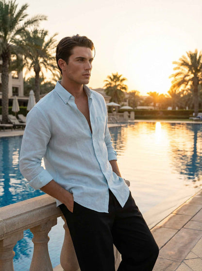 Men Light Blue & Black Set - pure linen Shirt & tencel cotton Trousers 