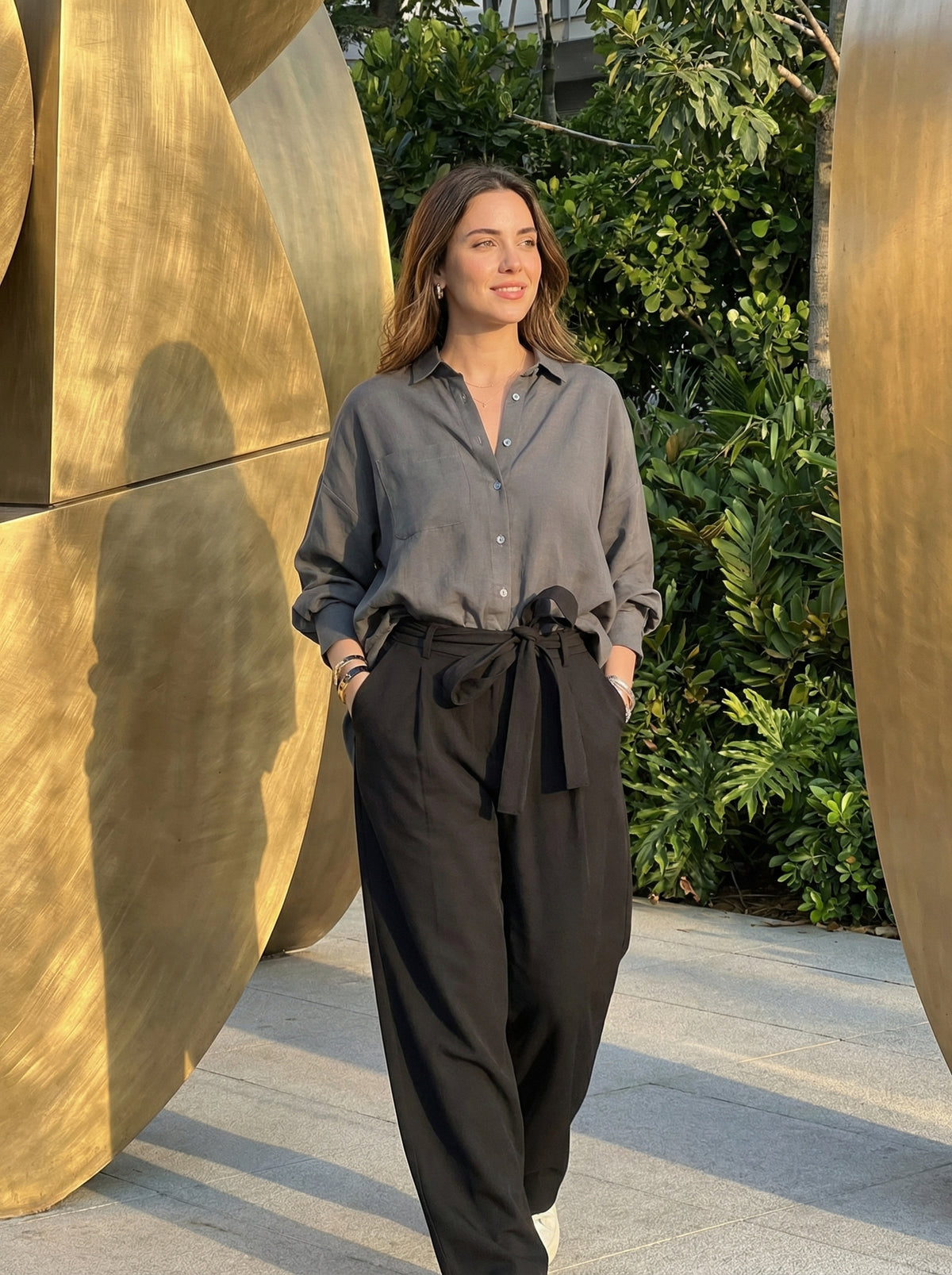 Women Gray & Black Set - Cupro rayon linen Shirt & tencel cotton Trousers 