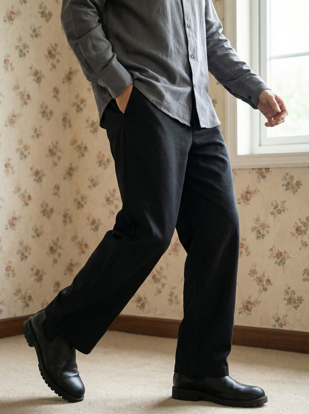 Men Gray Black Set - Shirt & Trousers